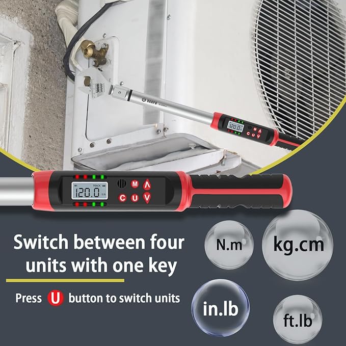 VANPO Hvac Torque Wrench 7.4-147.6 ft.lb/10-200 N.m, 14×18 mm Open End, 38 mm Adjustable Jaw, Accuracy ±2%, LED and Buzzer Notification, Adjustable Torque Wrench for Mini Split AC, Pipeline