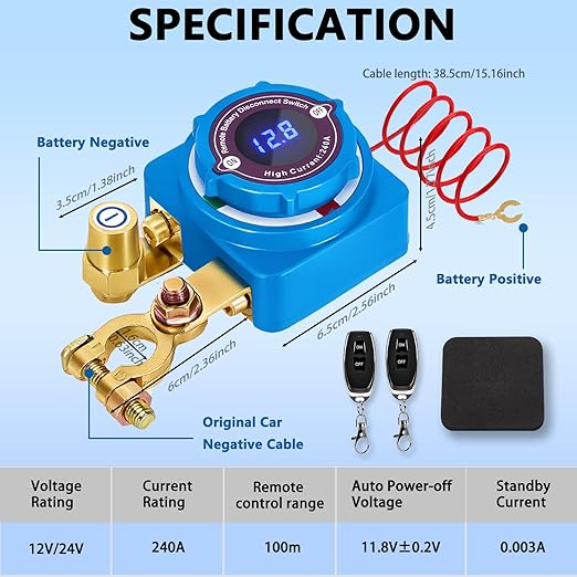 Remote Battery Disconnect Switch 12V 240A, Upgrade Battery Kill Switch for car 12V 240A, with Led Voltage Display, Prevent Battery Drain, Remote Battery Kill Switch for Car, Truck, RV