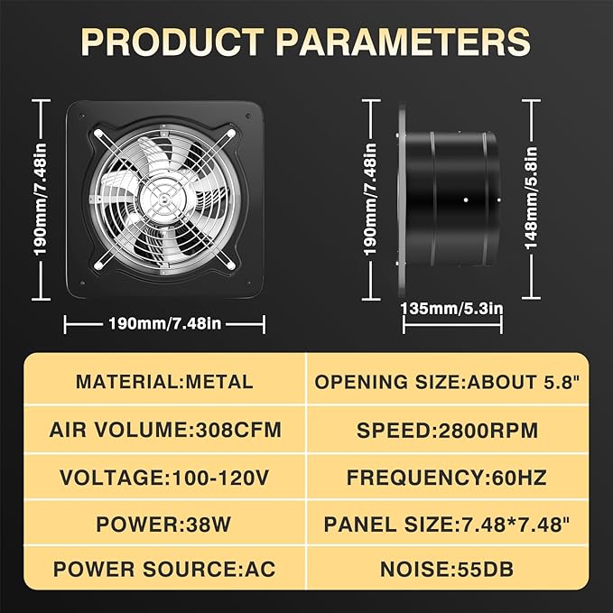 6 inch Exhaust Fan, Kitchen Exhaust Fan for Wall, Potable Window Exhaust Fans, 308CFM Wall mounted Bathroom Fan with Check Valve for Kitchen, Workshop, Basement (Black)