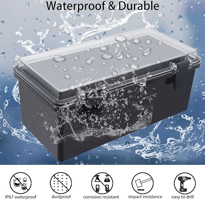 Junction Box, Hinged Black Clear Cover IP67 Waterproof ABS Project Box with Mounting Plate Electrical Box Enclosure with Wall Bracket 10.6 x 5.1 x 4.3inch(270x130x110mm)