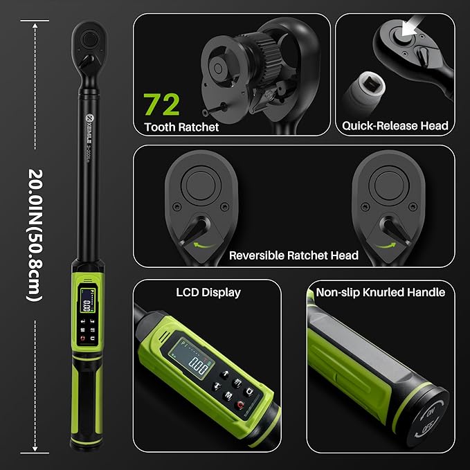 Digital Torque Wrench 1/2" Drive-2.2-147.5Ft.Lb/3-200N.m,Electric Torque Wrench With Vibration Buzzer LED Indicator,±2% Accuracy Five Units for Bike Motorcycle Car Auto Repair,DIY,Green Black