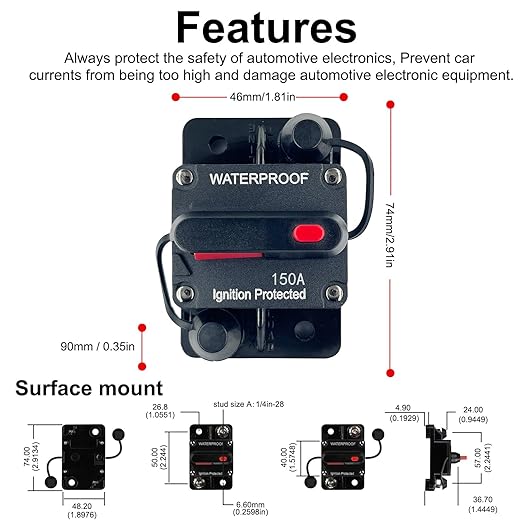 150 Amp Circuit Breaker Resettable Fusewith Manual Reset Switch Button Waterproof 12V-48V DC for Boat Trolling Motor Marine ATV Trailer Vehicles Stereo Audio Electronic Battery Solar System