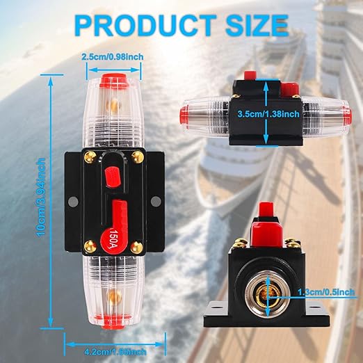 150 Amp Circuit Breaker 12V DC, 2-Pack Resettable Inline Fuse Holder Replacement with Manual Reset for Car Audio Amplifier, Marine Boat Trolling Motor, Auto Sound System Protection 150A Breaker