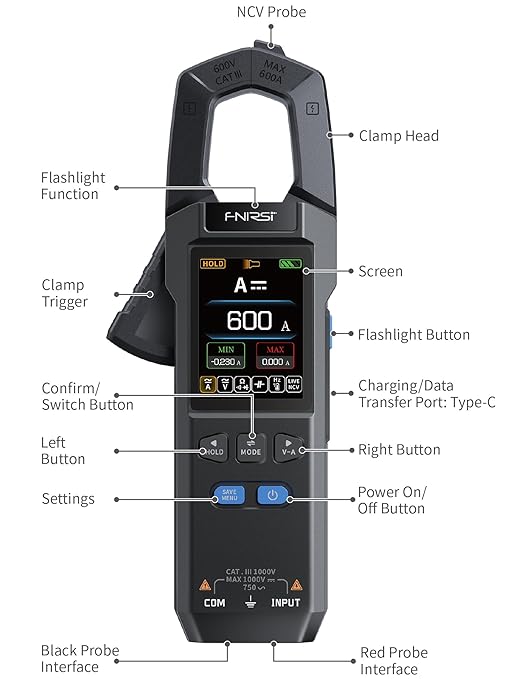 FNIRSI DMC-100 Digital Clamp Meter Multimeter 9999 Counts TRMS, 600A Curve Recording Rechargeable Amp Meter, Measures NCV, AC/DC Voltage Current, Continuity Capacitance Diode Resistance, Temperature