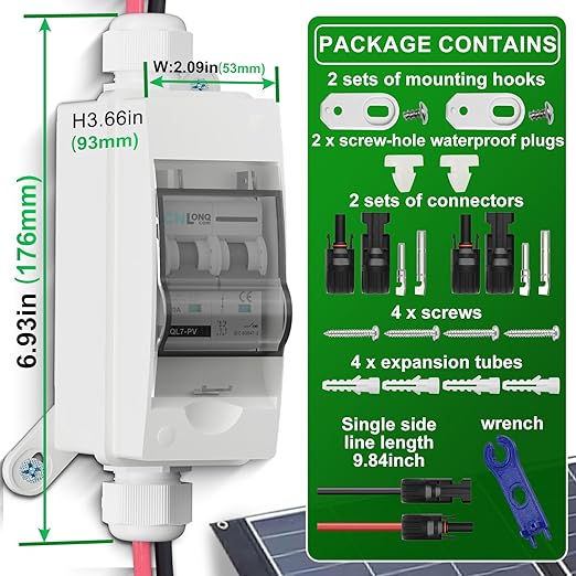 Solar Disconnect Switch 40A DC1000V Circuit Breaker 2P with PV Connector and IP65 Small Breaker Box and Wall Hooks for Outdoor PV Stystem, Battery, PV Array MCB