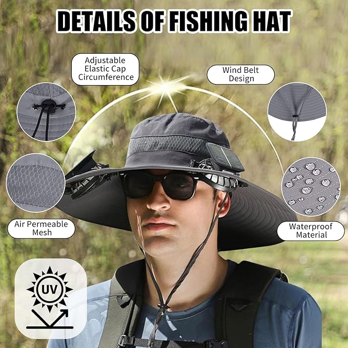 Wide Brim Outdoor Solar Fan Hat, UPF 50+ Fishing Hat for Man with 2 Solar Fan, 3 Modes 180°Rotating Fan Hats