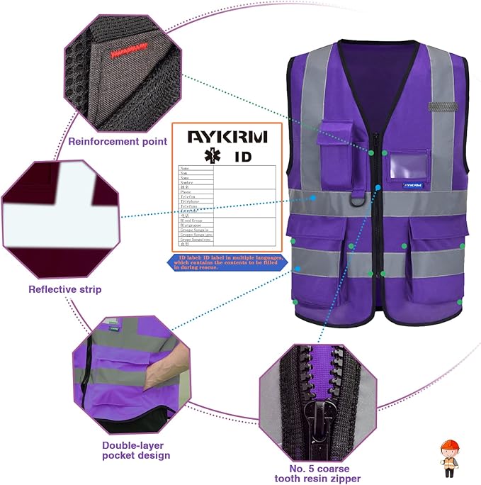 A-SAFETY Purple High Visibility Safety Vest with 4 Reflective Strips 7 Pockets,3XL