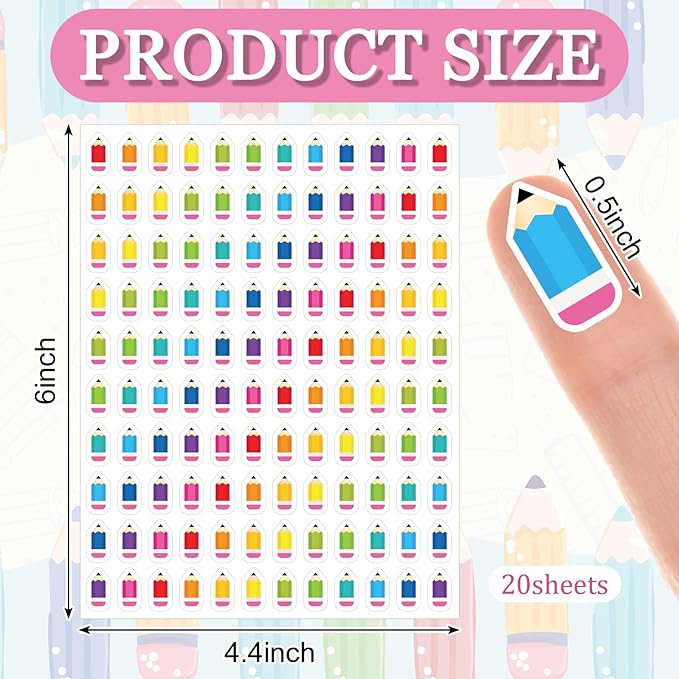 JarThenaAMCS 2400Pcs Mini Pencil Sticker Back to School Paper Decal Colorful Self-Adhesive Sticker for Planner Reward Envelope Scrapbook DIY Supplies, 0.5 in