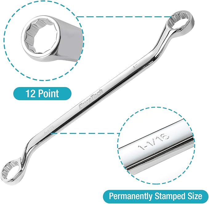 DURATECH 50-Degree Offset Wrench Set, SAE, Double Box End Wrench Set, 8-Piece, 1/4'' to 1-1/4'', 12 Point, CR-V Steel, with Easy Hang Rolling Pouch