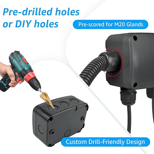 SuperInk Black IP66 Weatherproof Junction Box, Outdoor Electrical Enclosure Project Box 4.9"x3.3"x2.3", PVC/ABS Waterproof Cable Box,W/4pcs 20mm Cable Glands for Garden Lighting, CCTV, DIY Wiring