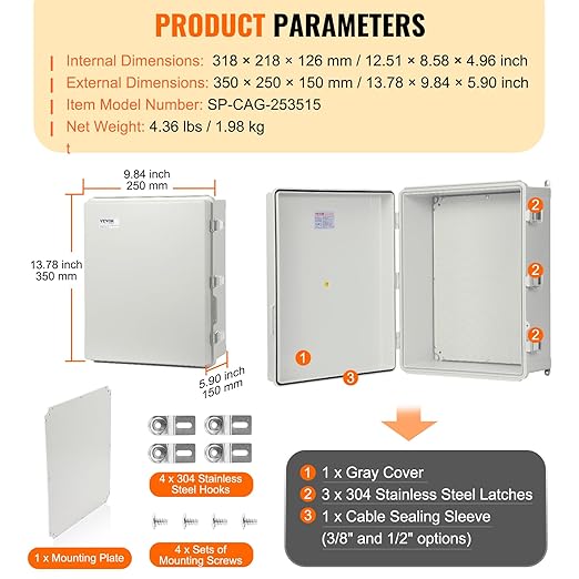 VEVOR Weather-Resistant Junction Box, Dimensions: 13.78 x 9.84 x 5.90 inches, Crafted from Durable ABS Plastic with a Secure Hinged Lid and Stainless Steel Lock, Offers IP67 Protection Against Dust