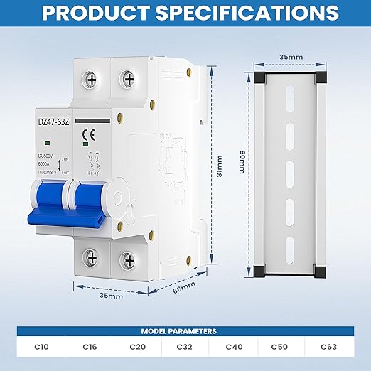 DC Circuit Breaker 63A 2P 500V, Miniature Disconnect Switch for Solar PV System, MCB Thermal Magnetic Trip with DIN Rail Mount C63