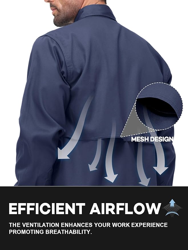FR Shirt for Men 6oz Ripstop Lightweight Back Vented Mesh Breathable Flame Resistant CAT2 NFPA2112 Welding Shirts
