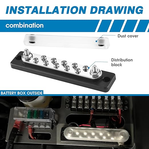 GLOSO Common Bus Bar Power Distribution Block Marine Busbar Battery Terminal Distribution Block with Cover 150 Amp Rating 12P