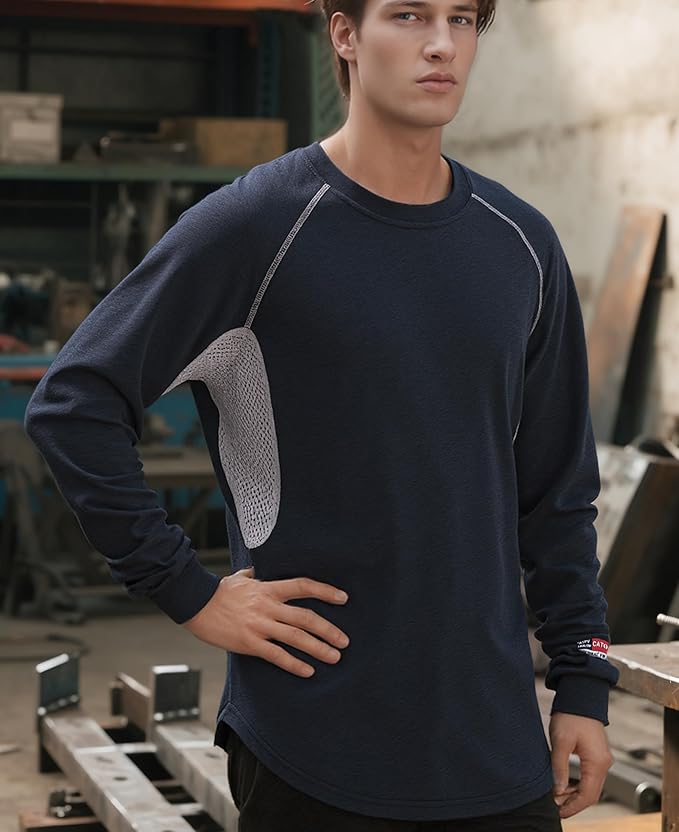 BOCOMAL FR Shirts for Summer Vented Mesh Loose Fit 4oz EX Lightweight Flame Resistant Base Layer CAT1 Crew Shirt