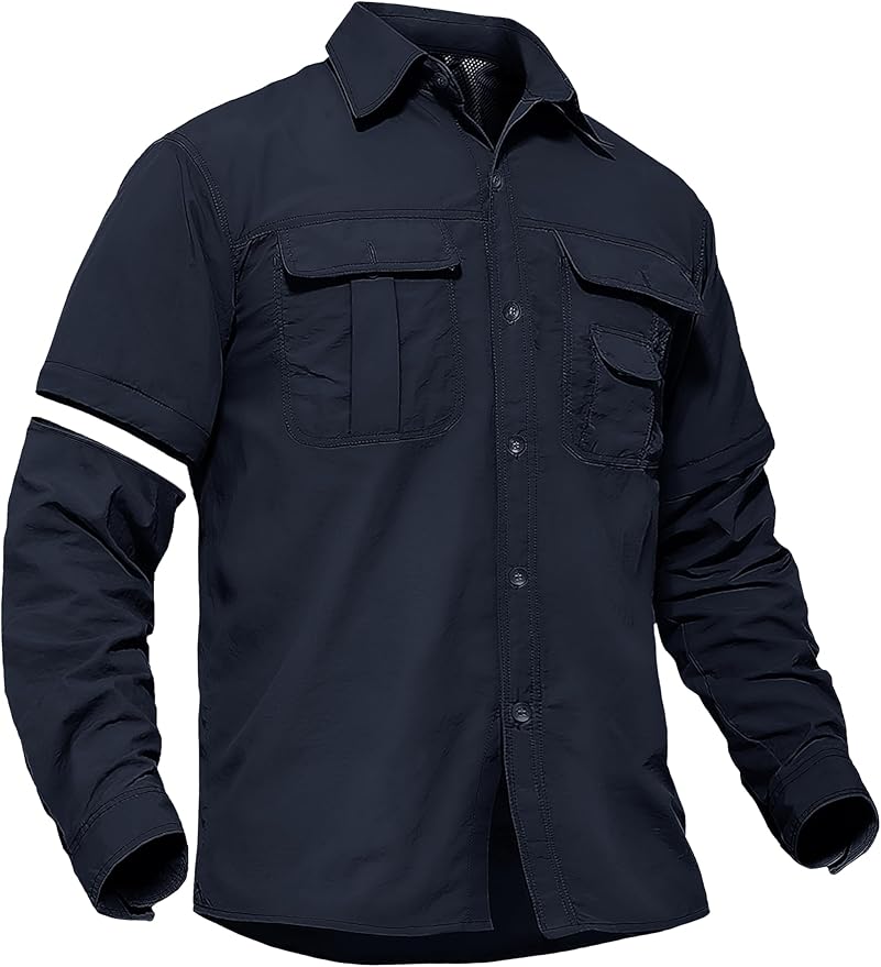 TACVASEN Men's Convertible Long Sleeve Fishing Shirts Lightweight Quick Dry Button Up Tactical Sun Shirts for Safari Hiking