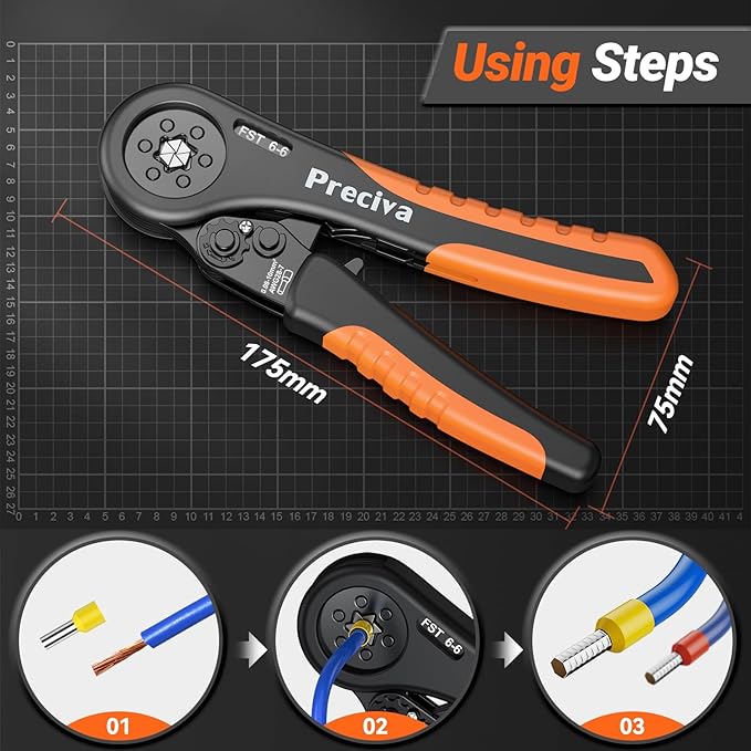 Preciva Ferrule Crimping Tool Kit, Hexagonal Ratchet Wire Crimp Pliers for AWG 28-7with 1250PCS Single & Twin Ferrules Connectors