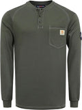 BOCOMAL Men's FR Henley Shirt Flame Resistant 5.5oz Cotton Long Sleeve Workwear UL NFPA2112 CAT2 Welding Tee