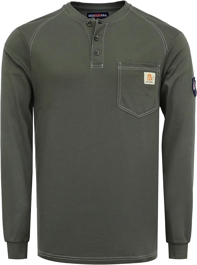 BOCOMAL Men's FR Henley Shirt Flame Resistant 5.5oz Cotton Long Sleeve Workwear UL NFPA2112 CAT2 Welding Tee