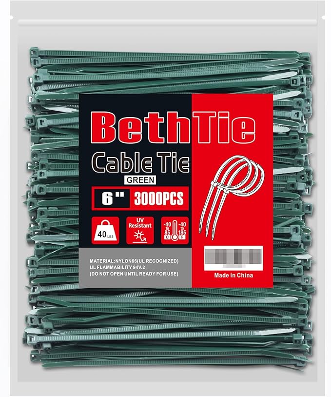 BethTie 3000 PCS 3mm Dark Green Zip Ties 6 Inch, 40 LBS Tensile Strength, Self-Locking Nylon PA66 UV Resistant Cable Ties for Indoor and Outdoor Use