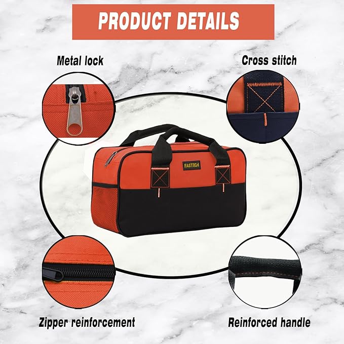FASTECH 14 Inch Small Tool Tote Bag, Wide Mouth Zipper Bag, Waterproof Tool Organizer Bag, Multi-Pockets Wide Mouth Tool Tote For Man/Woman (Orange)