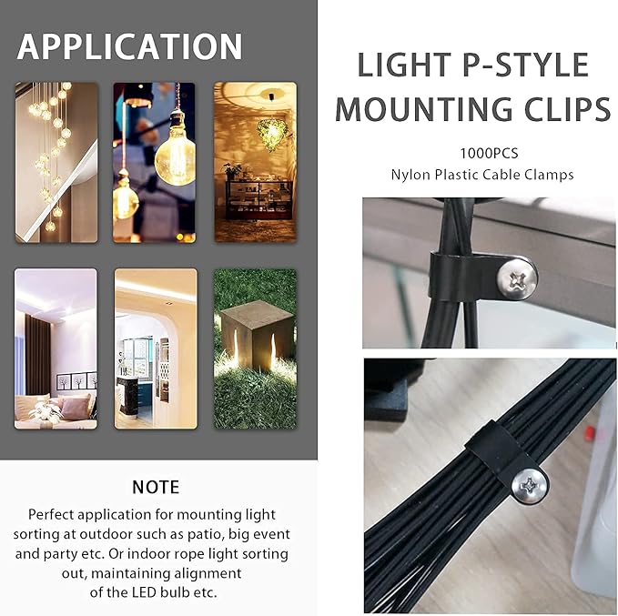 mankk 100PCS 3/8 Inch Rope Light Clips P-Style Mounting Clips Plastic Cable Clamps with Compatible Stainless Steel Pan Head Phillips Screws for Wire Management M-032-BK-LS
