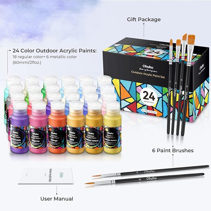 Ohuhu Outdoor Acrylic Paint for Metal, 24 Colors Paint Set, 2 oz./60ml Bottles for Artist, Beginners 18 Basic& 6 Metallic Acrylic Paints with 6 Brushes for Drawing, Waterproof Rich Pigments on Garden Statues, Woods, Rocks, Canvas, Glass, Fabrics, Last ...