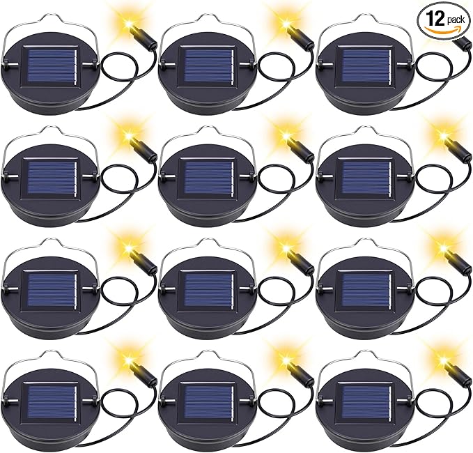 Kingdder 12 Pack Solar Light Replacement Top, 3 Inch Solar Lantern Replacement Lid with 600mah Rechargeable Battery, Waterproof Hanging Lamp Parts for Outdoor Patio Garden (Warm Yellow Light)