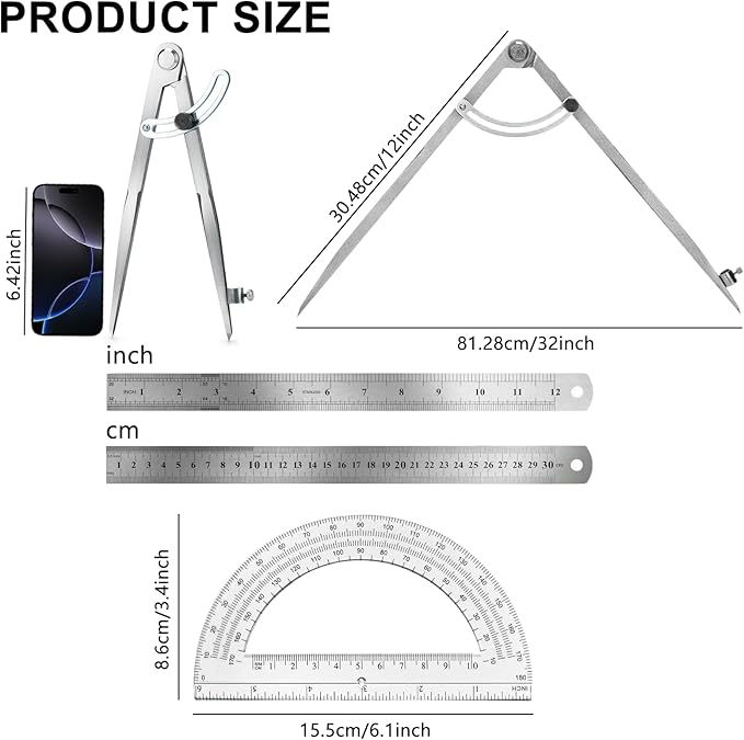 Compass Geometry Tool, Drawing Compass, Professional 12 Inch Large Compass with Wing for Woodworking, 6 Inch Protractor, 12 Inch Ruler for Carpenter, Drafting