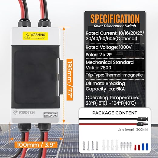 Solar Panels Disconnect Switch 20A 1000VDC PV Shut Off Switch 2 String Circuit Breaker Box IP66 Waterproof UV-Proof