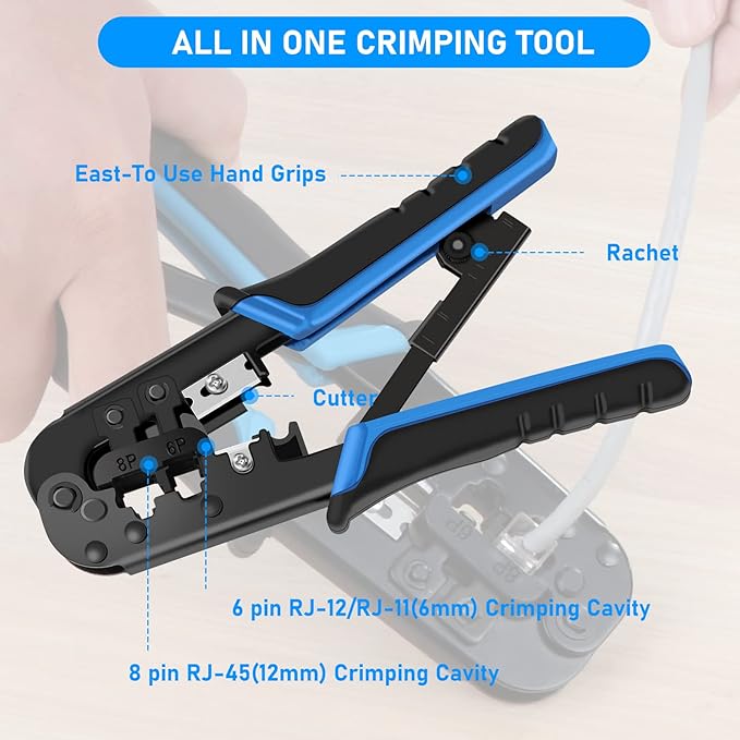 RJ45 Crimp Tool for Cat5 Cat5e Cat6, RJ-11, 6P/RJ-12, 8P/RJ-45 Crimp, Cut and Strip RJ45 Crimping Tool, Portable Ethernet Crimper Networking Tools(Non-Pass Through Type)