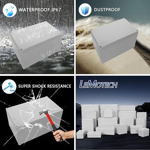 LeMotech IP67 Waterproof Junction Box ABS Plastic Project Box Dustproof Electrical Box Outdoor Enclosure for Electronics DIY Case Gray 9.8X 5.9X 5.1 inch(250mmx 150mmx 130mm)
