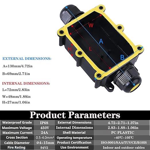 Waterproof IP68 Outdoor 2 Way Junction Box - Wire Range 4-15mm, Underground Electrical Box (1 Pack)