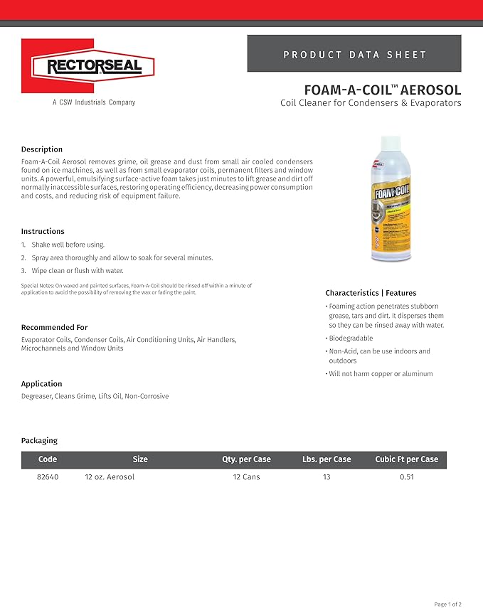 RectorSeal Foam-A-Coil 82640 Coil Cleaner, Superior Penetrating Surfactant- Aided Foam Lifts & Removes Grime and Grease, Indoor & Outdoor use, HVAC, 12 oz