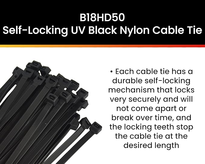 Pro Tie Heavy Duty Cable Ties, Self-Locking Nylon Cable Wire Ties for Indoor and Outdoor Use | 18-Inch, 120 lbs. Tensile Strength, UV Black Nylon, 50-Pack (PN: B18HD50)