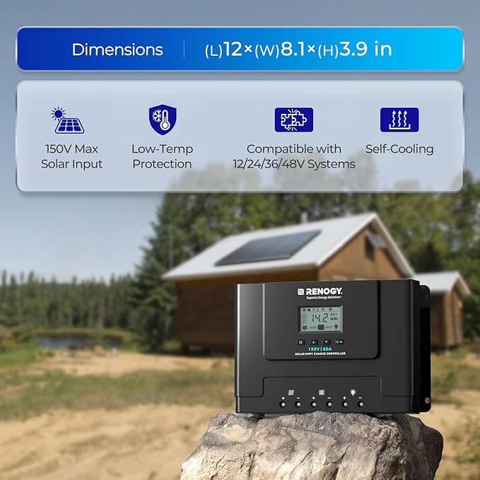 Rover Lite 60A 12V/24V/36V/48V MPPT Solar Charge Controller - 150V Max Input, Auto for Lithium/AGM/Gel Batteries, RV Marine Off-Grid & DIY Solar Kits