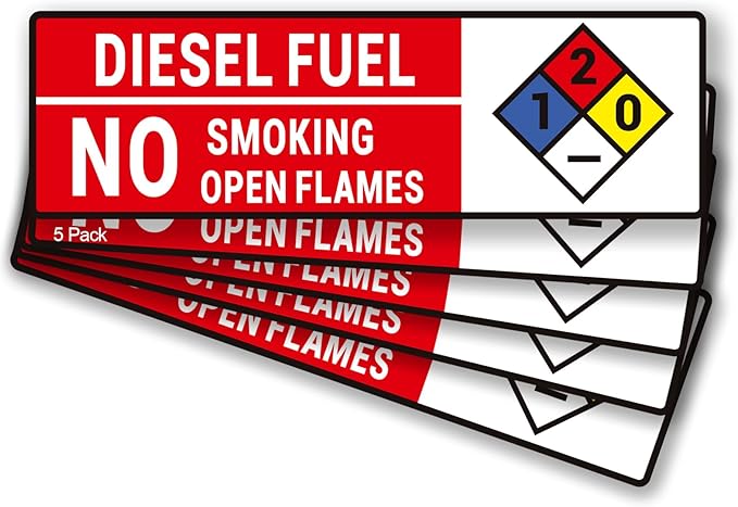 Diesel Fuel No Smoking No Open Flames Sign,5 Pack Adhesive Vinyl Safety Warning Sign with NFPA Symbol -10x3 inches