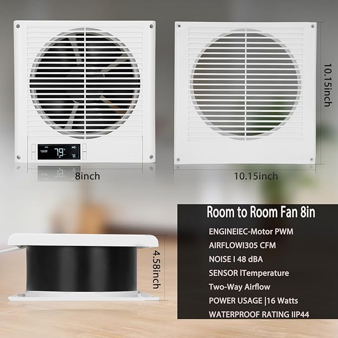 8" Through Wall Fan 305 CFM, Room to Room Air Transfer Fan, Reversible Airflow Design, Programmable Timer, Quietly Circulating Air for Home, Office, Closet, Laundry Room & More