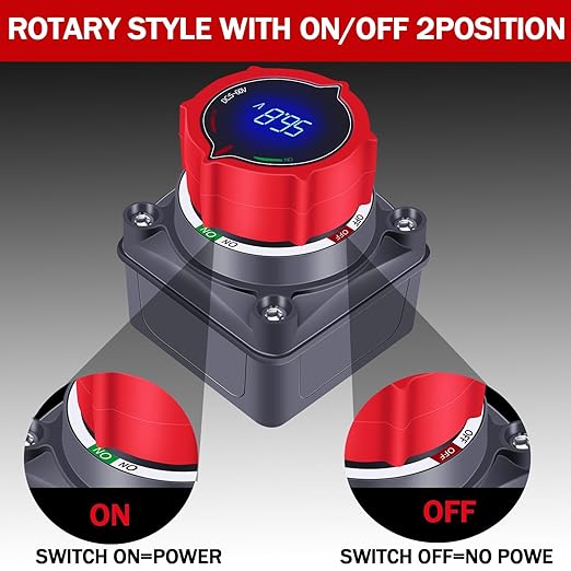 Upgrade Battery Disconnect Switch with Voltage Display, DC 5-60V Battery Power Master Disconnect Isolator Cut Shut Off Switch for Marine Boat Car Truck Camper RV Trailer (On/Off)