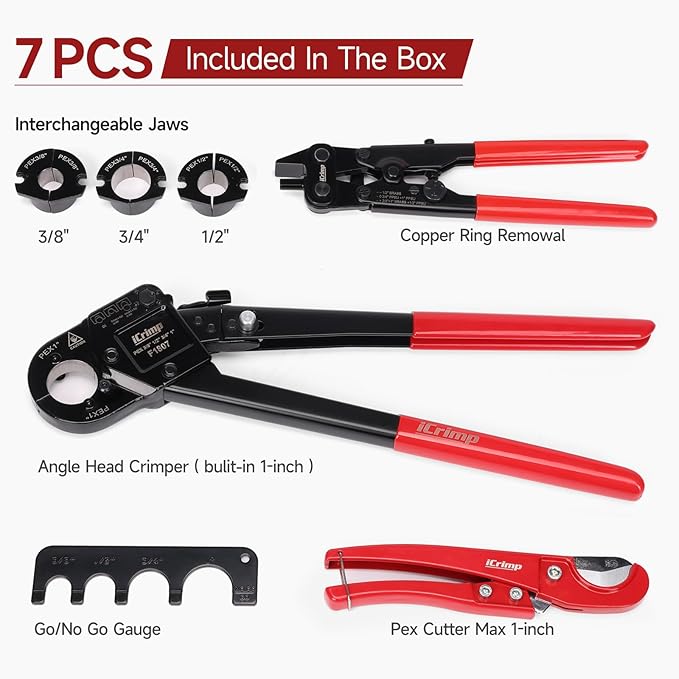 iCrimp Angle Head PEX Crimping Tool Kit for 3/8,1/2,3/4,1-inch with Copper Ring Removal Tool, Pex Pipe Cutter and Gauge, Meets ASTM F1807 Standard, Suitable for Tight Spaces