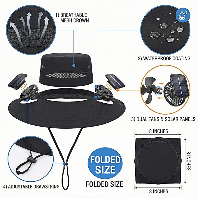 Solar Fan Hat with Dual Fans – Solar Powered Wide Brim Hat with Removable Fans for Outdoor Activities | USB & Solar Charging | Ideal for Fishing, Hiking, Gardening, and Outdoor Sports Black