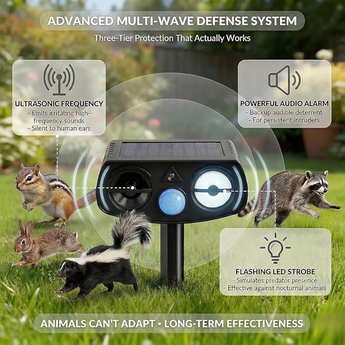 Solar Ultrasonic Animal Repeller Outdoor, Motion Sensor Waterproof Pest Deterrent, Raccoon Skunk Fox Squirrel Rabbit Dog Cat Deer Repellent for Yard Garden Farm, 33ft 120° Coverage, 2 Pack Black