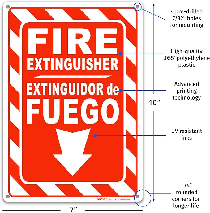 Brimar - 7 x 10" - Bilingual Fire Extinguisher Sign - Polyethylene Plastic - Bold Text And Symbol - Easy Installation