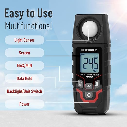 DEWINNER Digital Illuminance Light Meter – 0-200,000 Lux Light Tester for Plants, LED Grow Lights, Car Headlights – Candles Meter, 8X/s Sampling, 120° Angle, Backlit Display (Battery Included)
