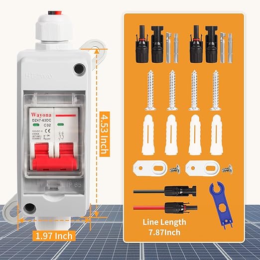 Wayona Solar Panel Disconnect Switch Back-Mounted DC 500V Circuit Breaker Box 32Amp IP65 Waterproof Miniature Circuit Breaker Solar PV Disconnect Switch Box Outdoor