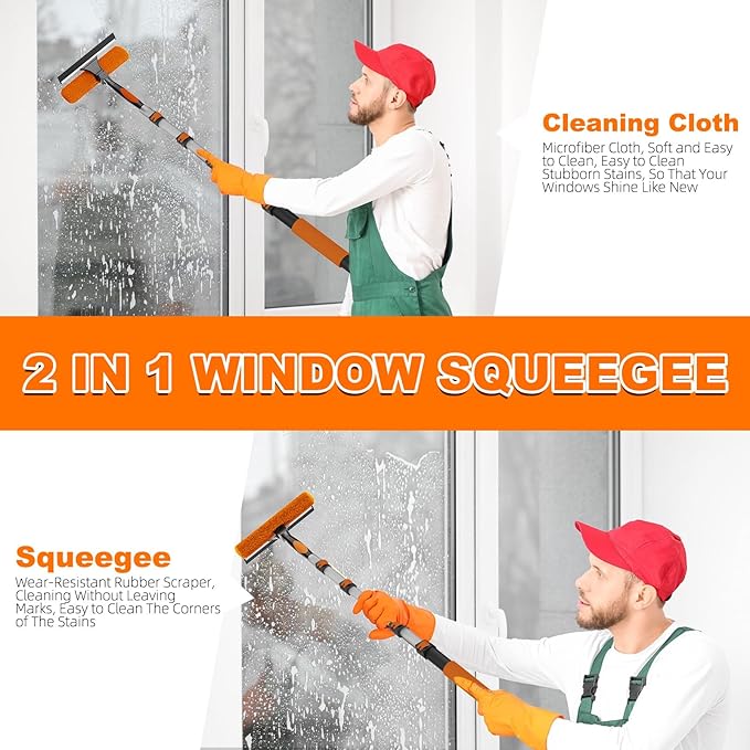 30FT Reach 2-in-1 Window Squeegee, Professional Window Washing Kit with 5-24FT Extension Pole for Home, Indoor Outdoor Squeegee with Rotatable Head for High Windows