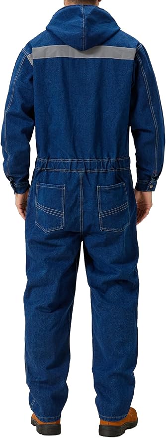 Mens Denim Work Coveralls with Hood Heavy Duty Work Jumpsuit Loose Fit Coverall Hi Viz Mechanic Jeans Overalls