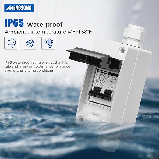 DC Solar Panels Disconnect Switch 63 Amp AC Circuit Breaker Box 400V 2 Poles IP65 Waterproof UV-Proof Outdoor Small Breaker Box for Solar PV Homes