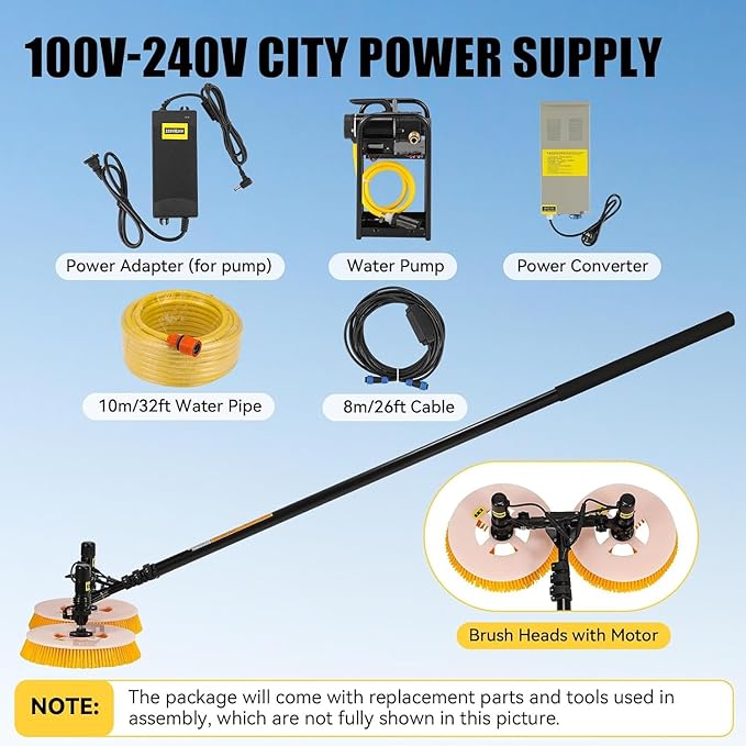 Electric Photovoltaic Panel Cleaning Machine Solar Panel Water Spray Cleaner Brush Handheld Power Photovoltiax Cleaning Rotating Brush Telescopic Pole 11.48-24.61ft Length,3.5m-MainsElectricity