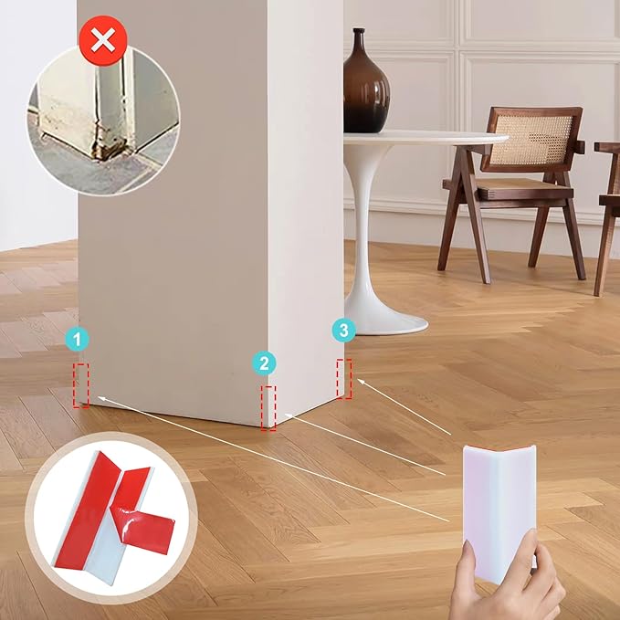 White Baseboard Corners Blocks Self Adhesive, Thickened Rubber Baby Safety Corner Protectors Cushion, Soft Edge Furniture Wall Guards (8 PCS)